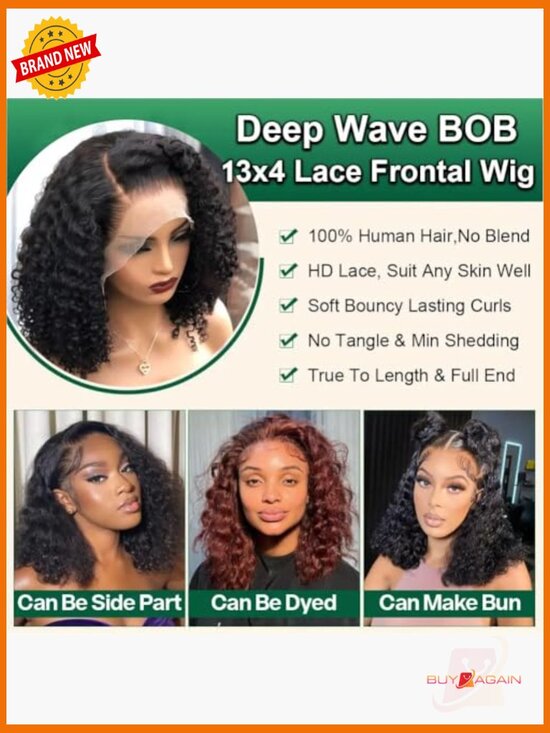 Human Hair Bob Wig Deep Wave Lace Front Curly 220% Density 14 Inch main image 5
